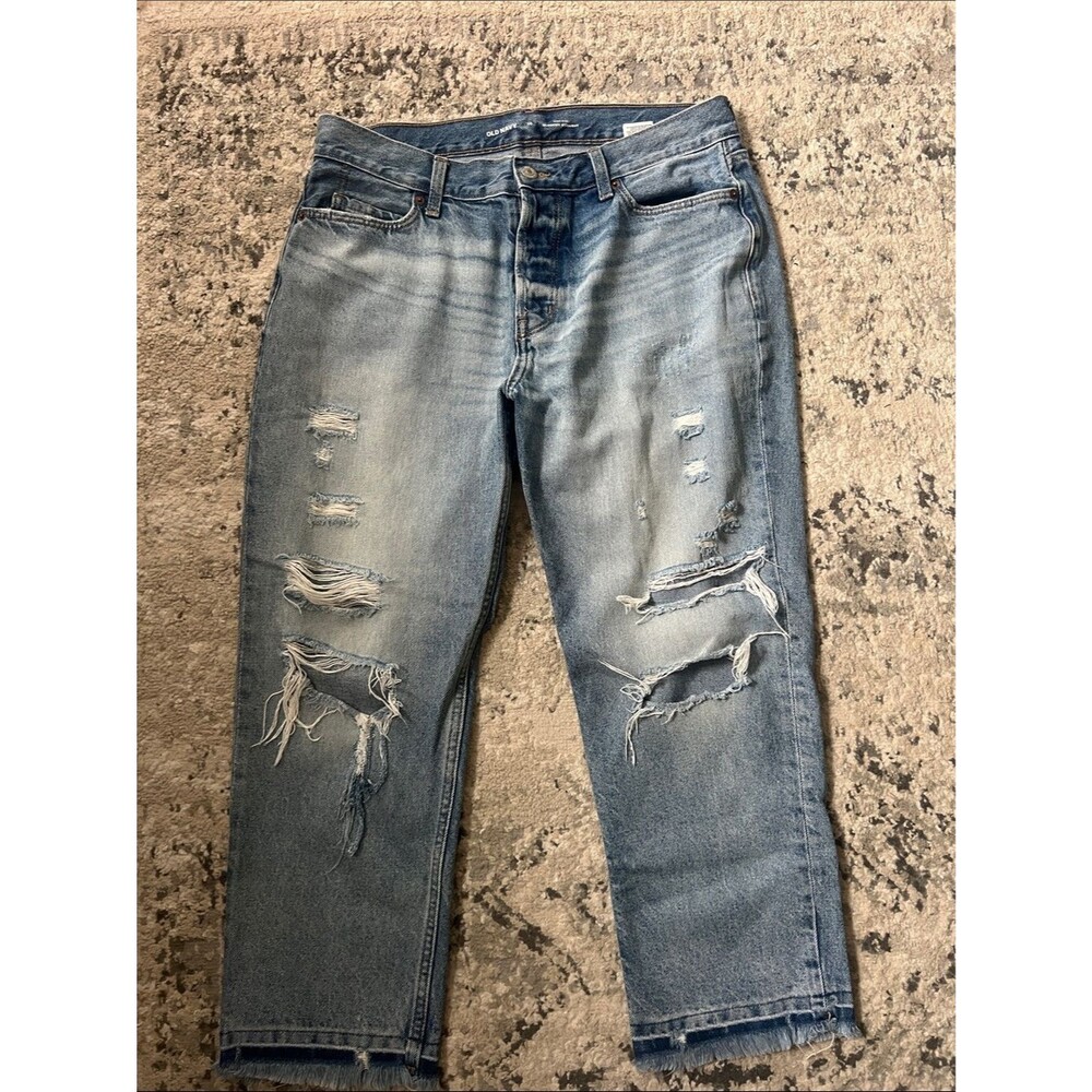 Old Navy Light Blue High Raise Slouchy Distressed Cropped Jeans Sz 10